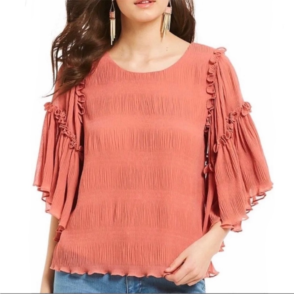 1. STATE Pleated Crepe Chiffon Ruffle Sleeve Blouse Top Shirt Flowy Rose Pink